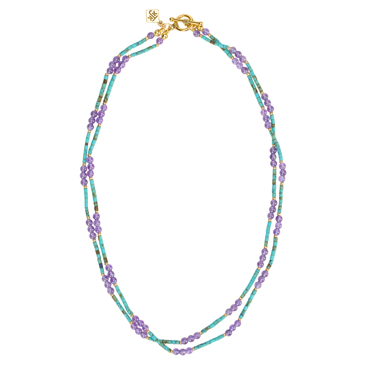 Beaded necklace with a gold clasp on a white background