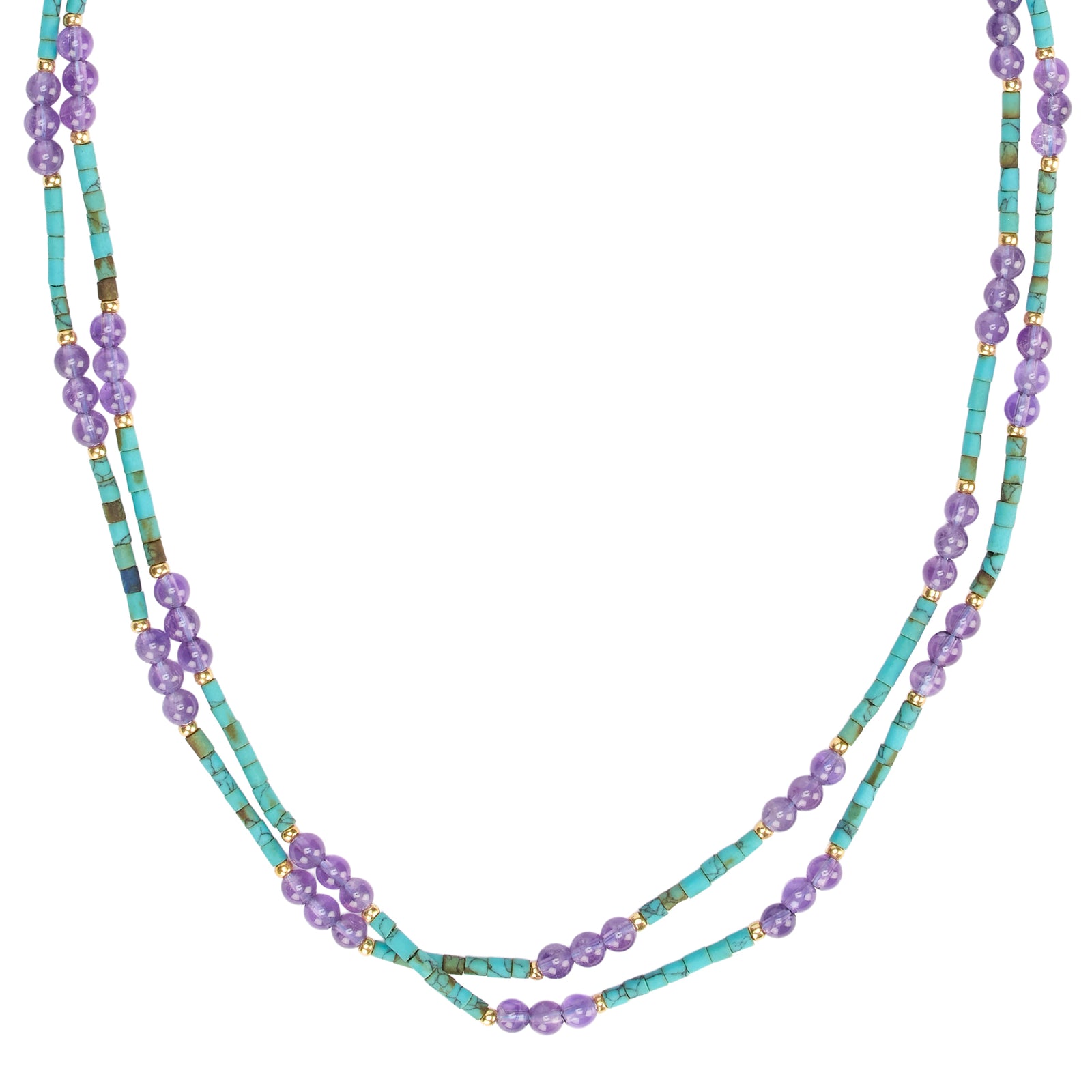 Beaded necklace with a gold clasp on a white background