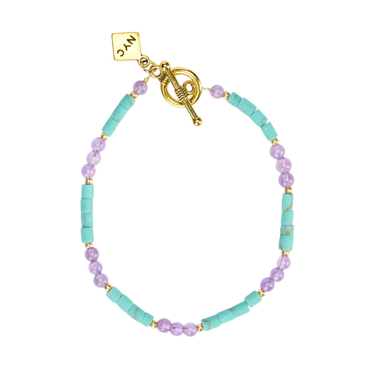 Bracelet with turquoise and purple beads and gold clasp on a white background