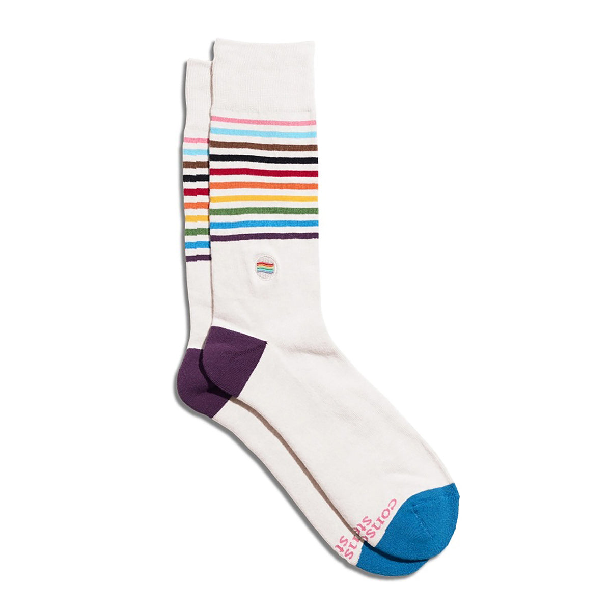 White sock with colorful stripes and a flag logo on a white background
