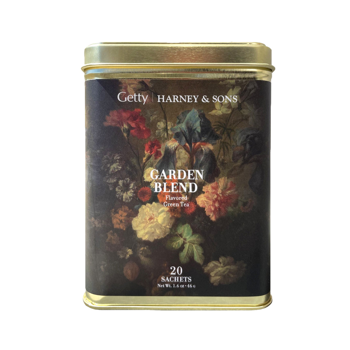 Tea canister with floral design and 'Getty Harney & Sons' branding on a white background