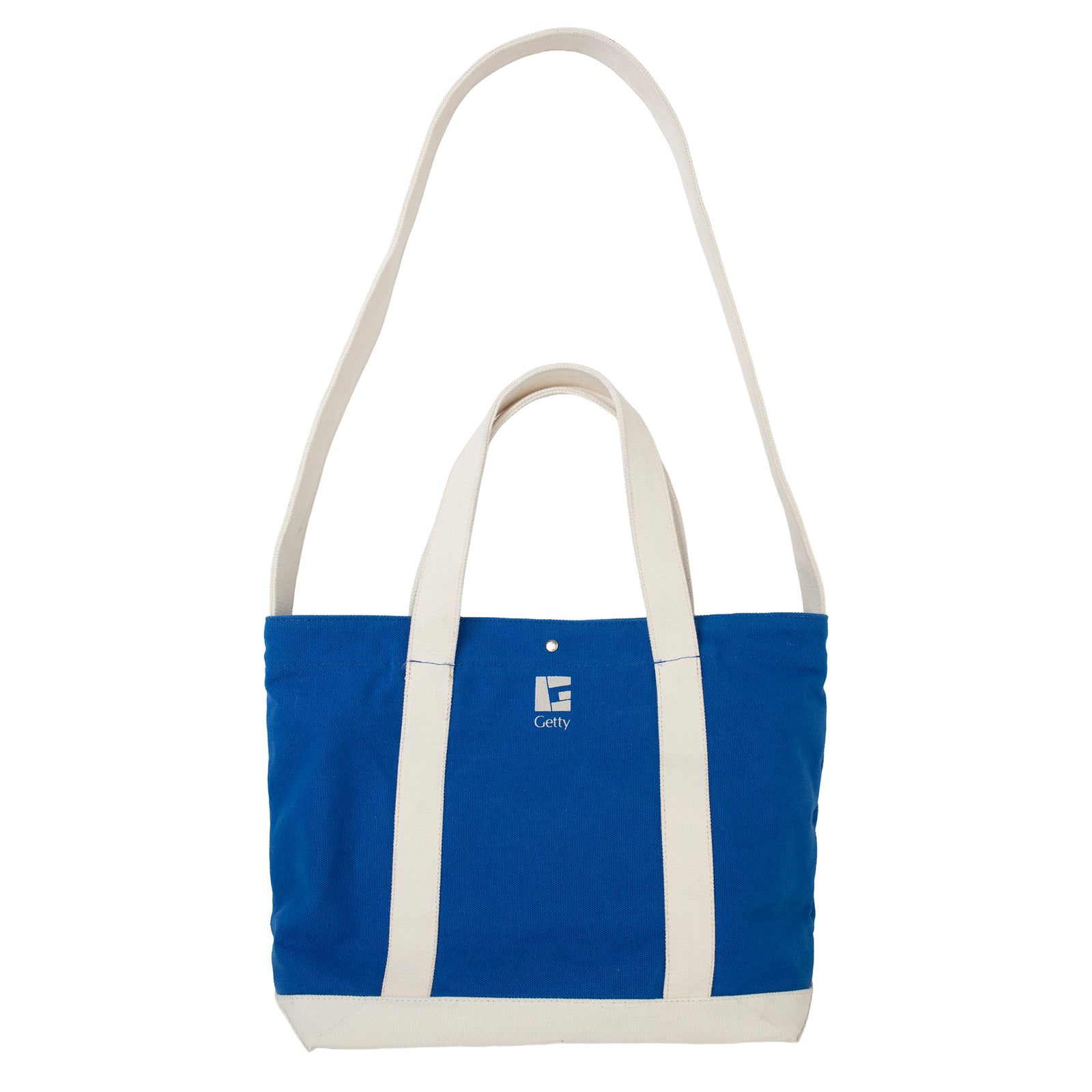 A blue and off-white canvas tote bag with 'ALL FOR ART' printed in white block letters on the front pocket, set against a plain white background.