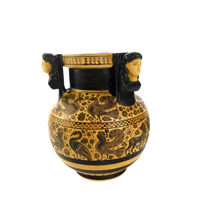 A ceramic replica of a vase with animal frieze designs.