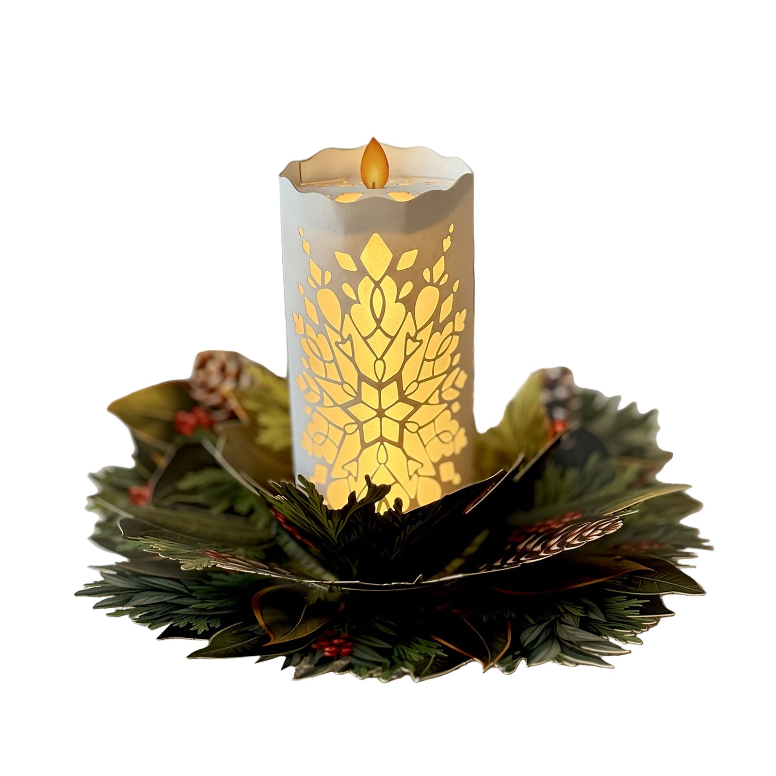 Decorative candle with leaf pattern on a white background