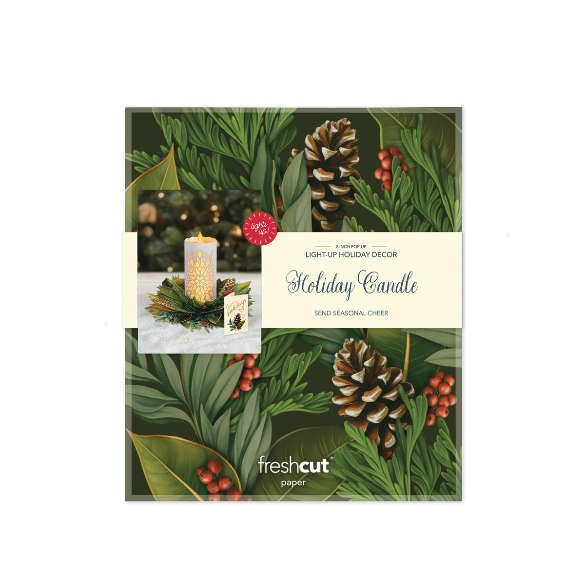 Packaging for holiday decor with candles and pinecones on a green leafy background.