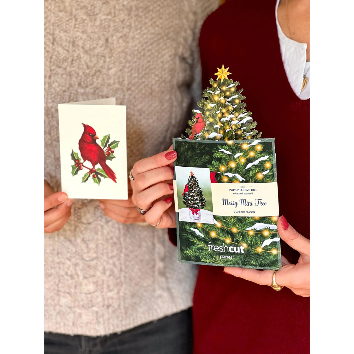 Two people holding a Christmas card with a cardinal and a small pre-lit tree packaging.
