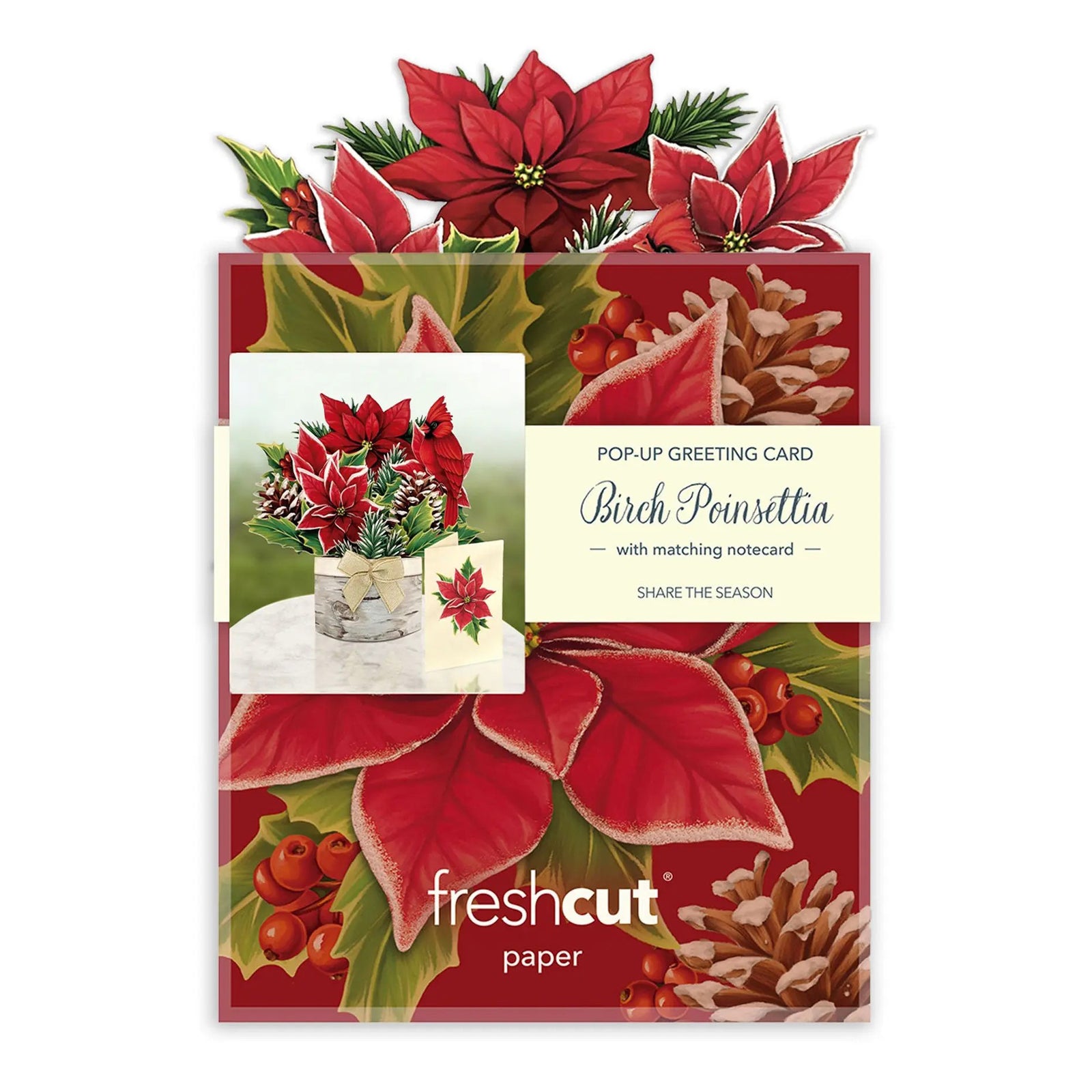 Pop-up greeting card with poinsettia design and matching notepad by freshcut paper