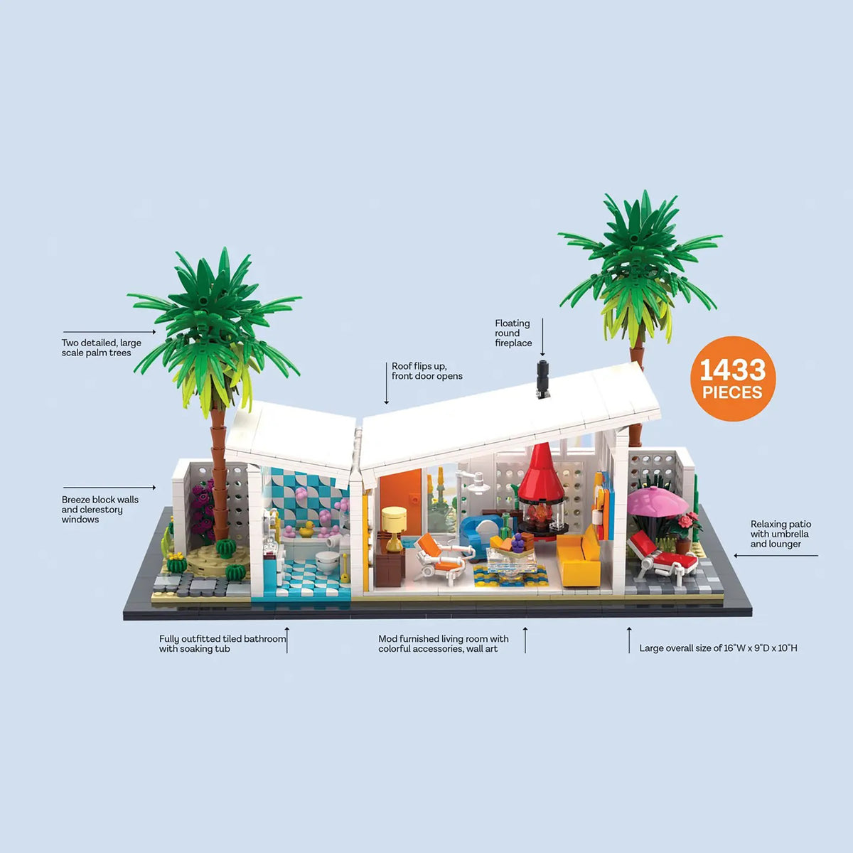 A labeled product diagram of a toy house set with palm trees, showing the assembled model and callout text around it on a light blue background. An orange circle reads '1433 PIECES'.