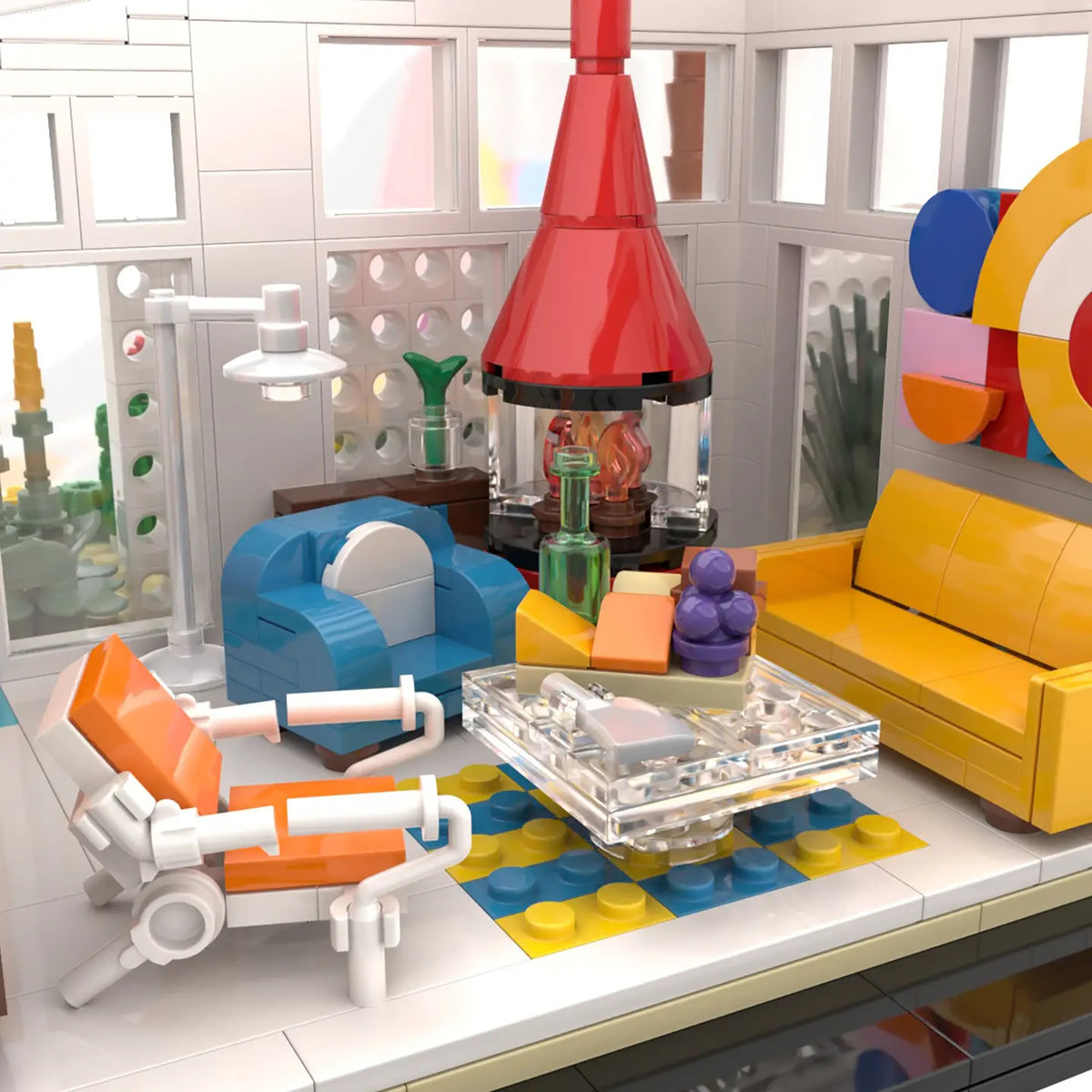 A detailed LEGO-style living room set with a red cone-shaped fireplace, blue armchair, yellow sofa, orange chair, clear glass coffee table, and colorful geometric wall decor on a white modular brick floor.