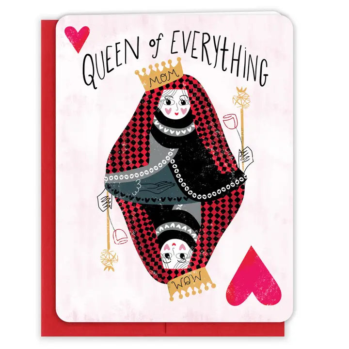 Card with illustration of a matryoshka doll and text 'Queen of Everything Mom' on a white background.