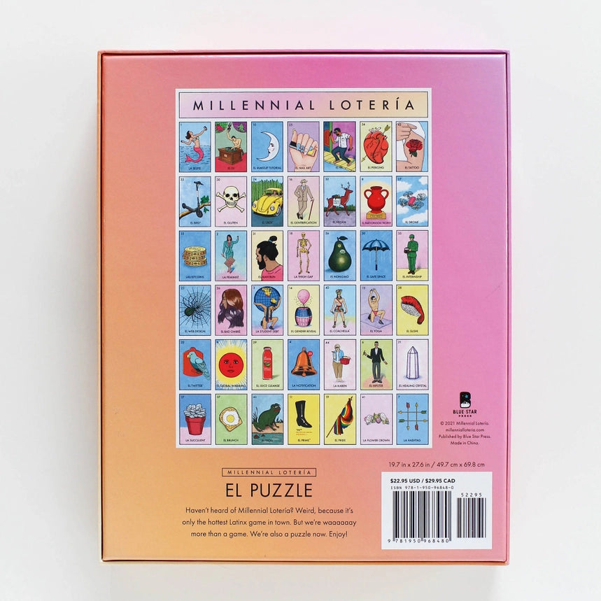 The back of the box for 'Millennial Lotería El Puzzle' jigsaw puzzle, featuring a colorful grid of illustrations on a pink-to-peach gradient background.