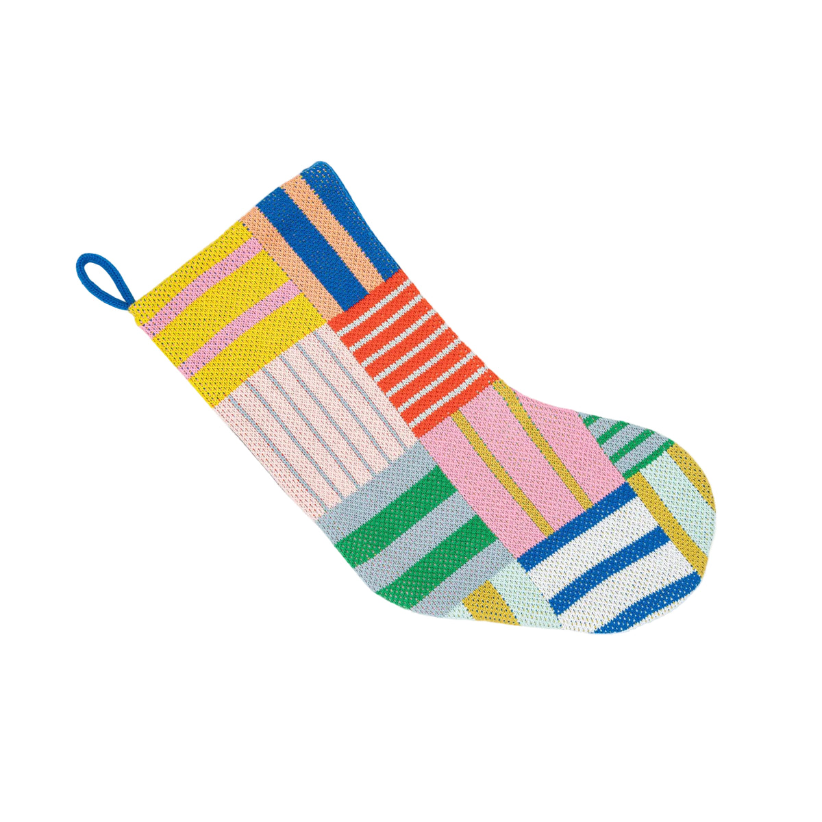 A colorful knit Christmas stocking with a patchwork pattern of pink, blue, yellow, green, orange, and white stripes, featuring a blue hanging loop at the top, shown on a light gray background.