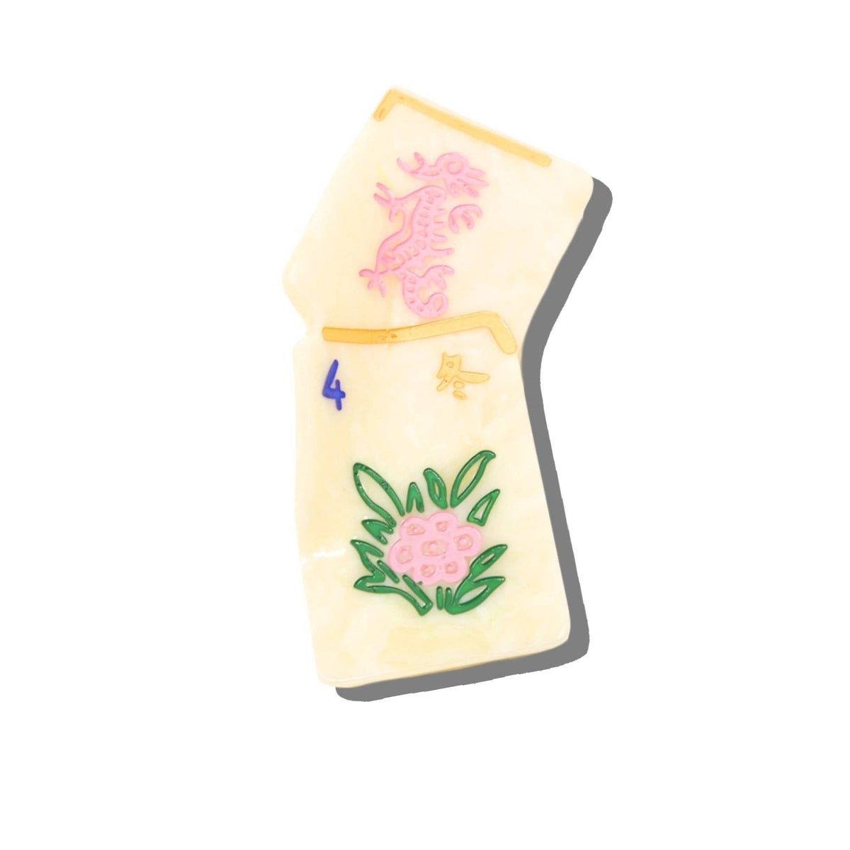 A cream-colored hair clip shaped like a folded hand, decorated with pink dragon and floral embroidery
