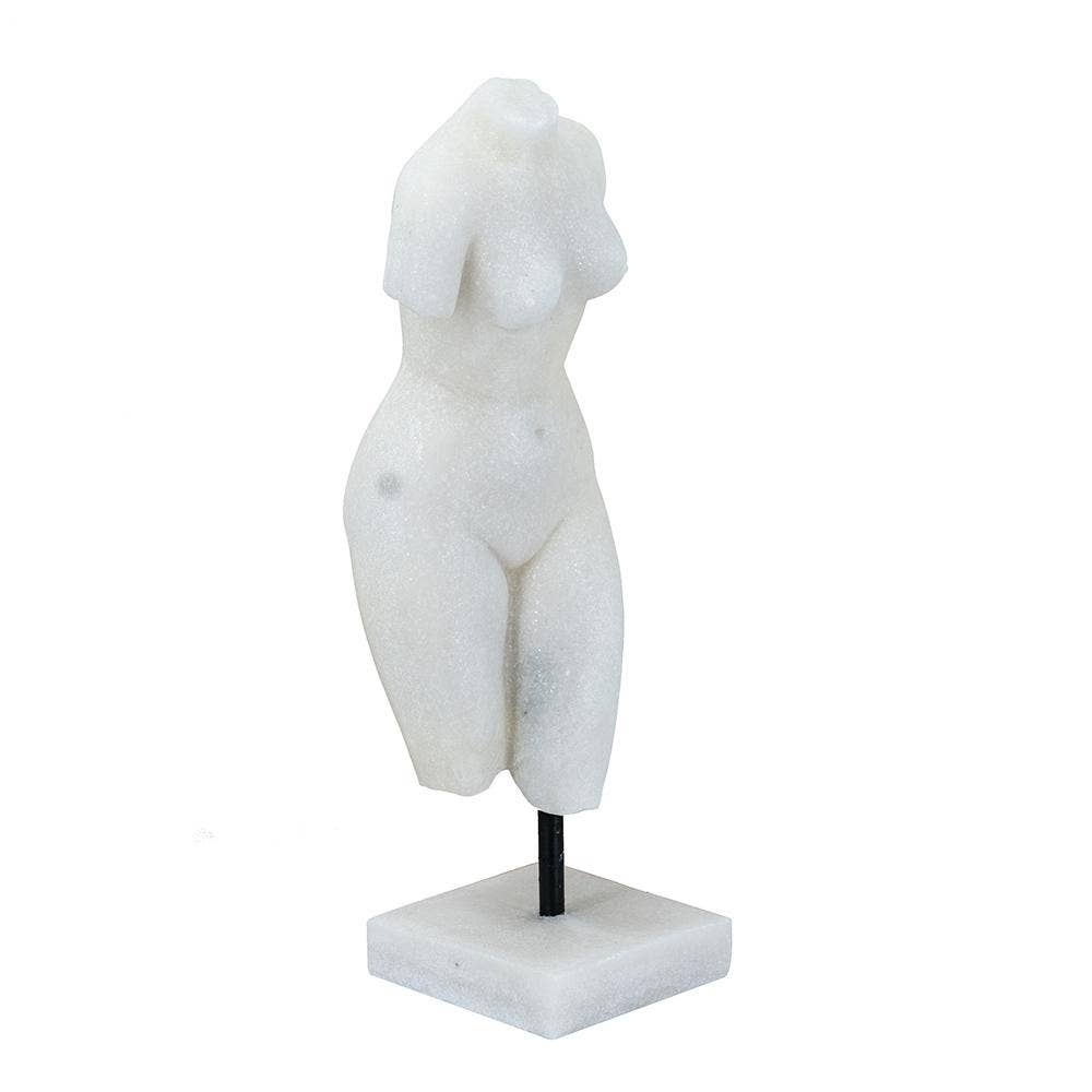 A white marble female torso sculpture on a black metal stand with a square white marble base, set against a plain white background.