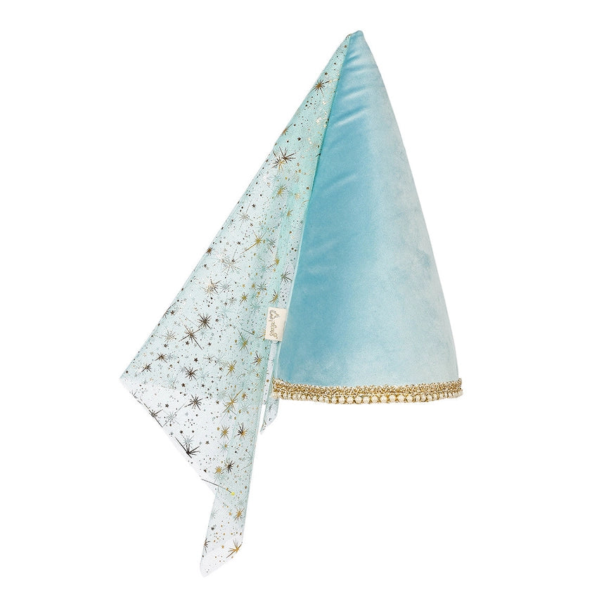 Medieval hat with light blue fabric with gold trim and star pattern on a white background