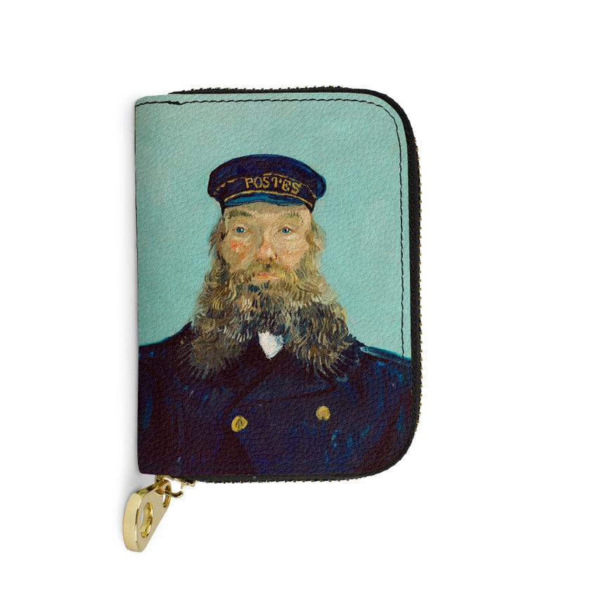Zipper pouch with a portrait of a man wearing a 'POSTES' hat on a light blue background