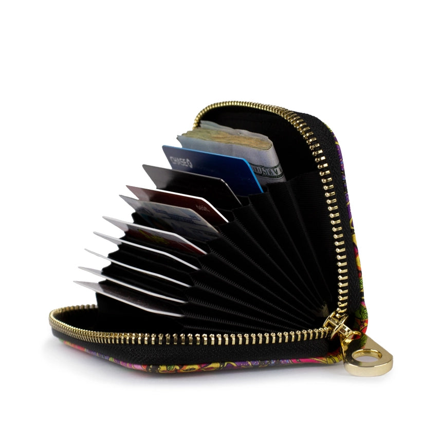 Card holder with a gold zipper on a white background