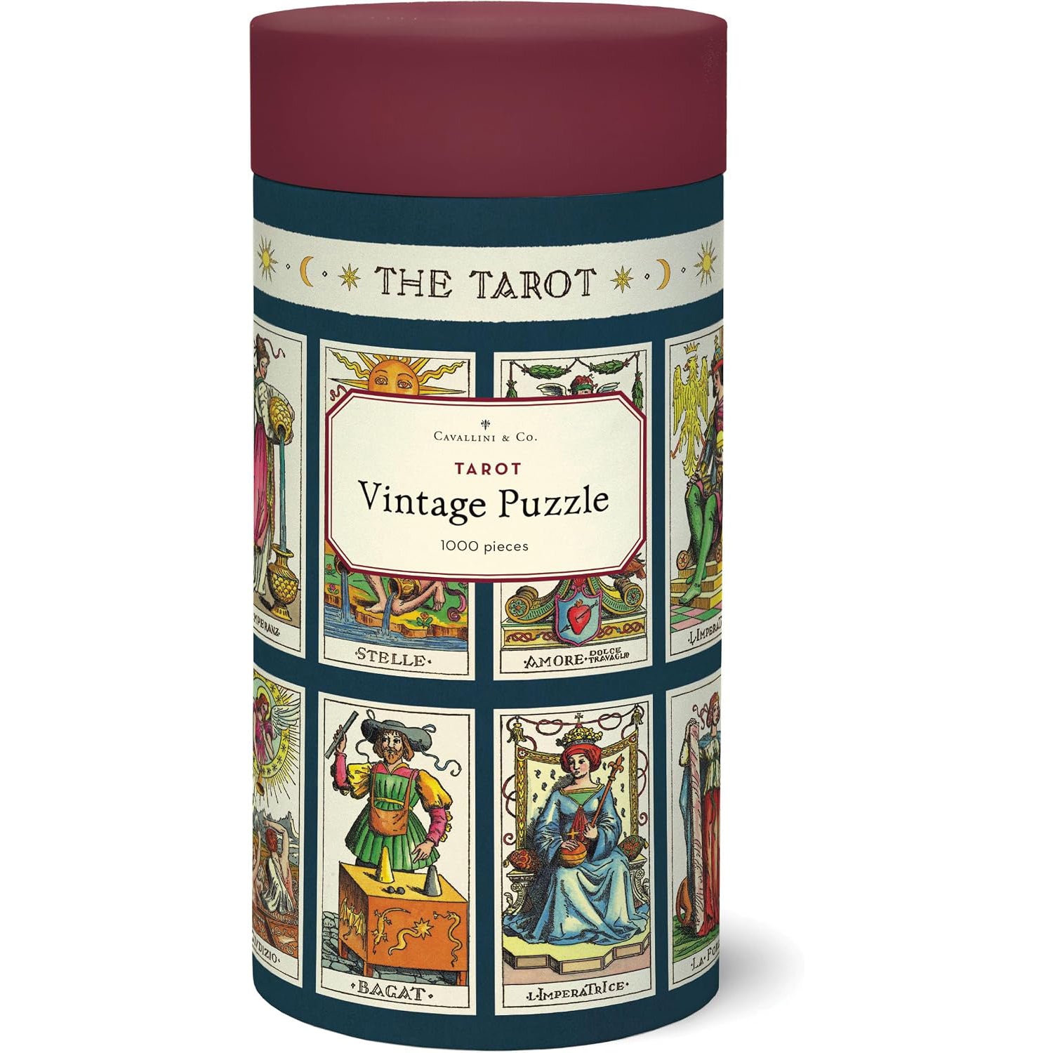 A cylindrical storage box for a vintage tarot puzzle, featuring a dark red lid and a printed label with tarot card illustrations and the text 'THE TAROT' and 'TAROT Vintage Puzzle 1000 pieces'.