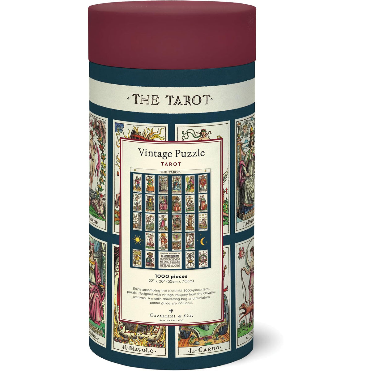A vintage-style tarot puzzle in a tall cylindrical tin container with a dark red lid, navy and cream label, and illustrated tarot card artwork around the front. The front text reads 'The Tarot' and 'Vintage Puzzle Tarot.