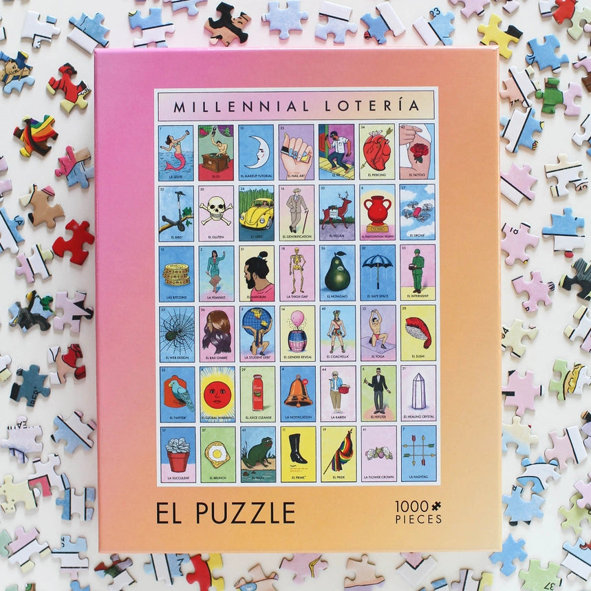 A 1000-piece jigsaw puzzle box titled 'Millennial Lotería' on a pastel gradient background, surrounded by scattered puzzle pieces on a white surface.
