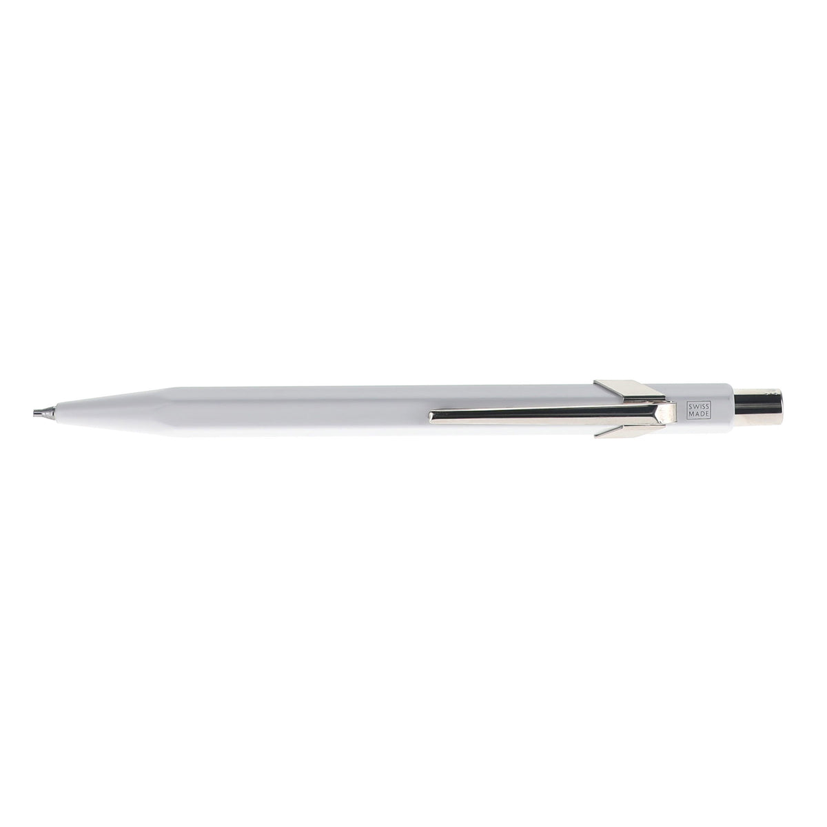 A white mechanical pencil shown horizontally against a plain white background.