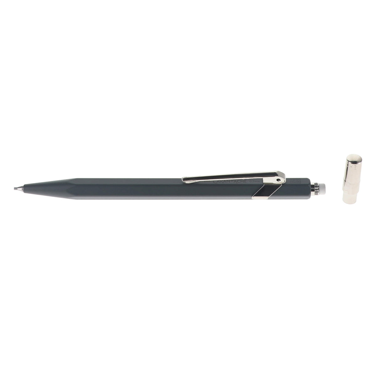 A dark gray mechanical pencil with silver metal accents, shown horizontally with its cap removed and placed to the right on a plain white background.