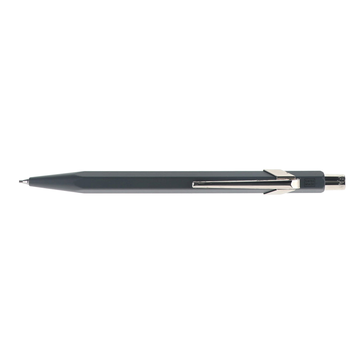 A dark gray retractable ballpoint pen with a silver metal clip and tip, shown horizontally against a plain white background.
