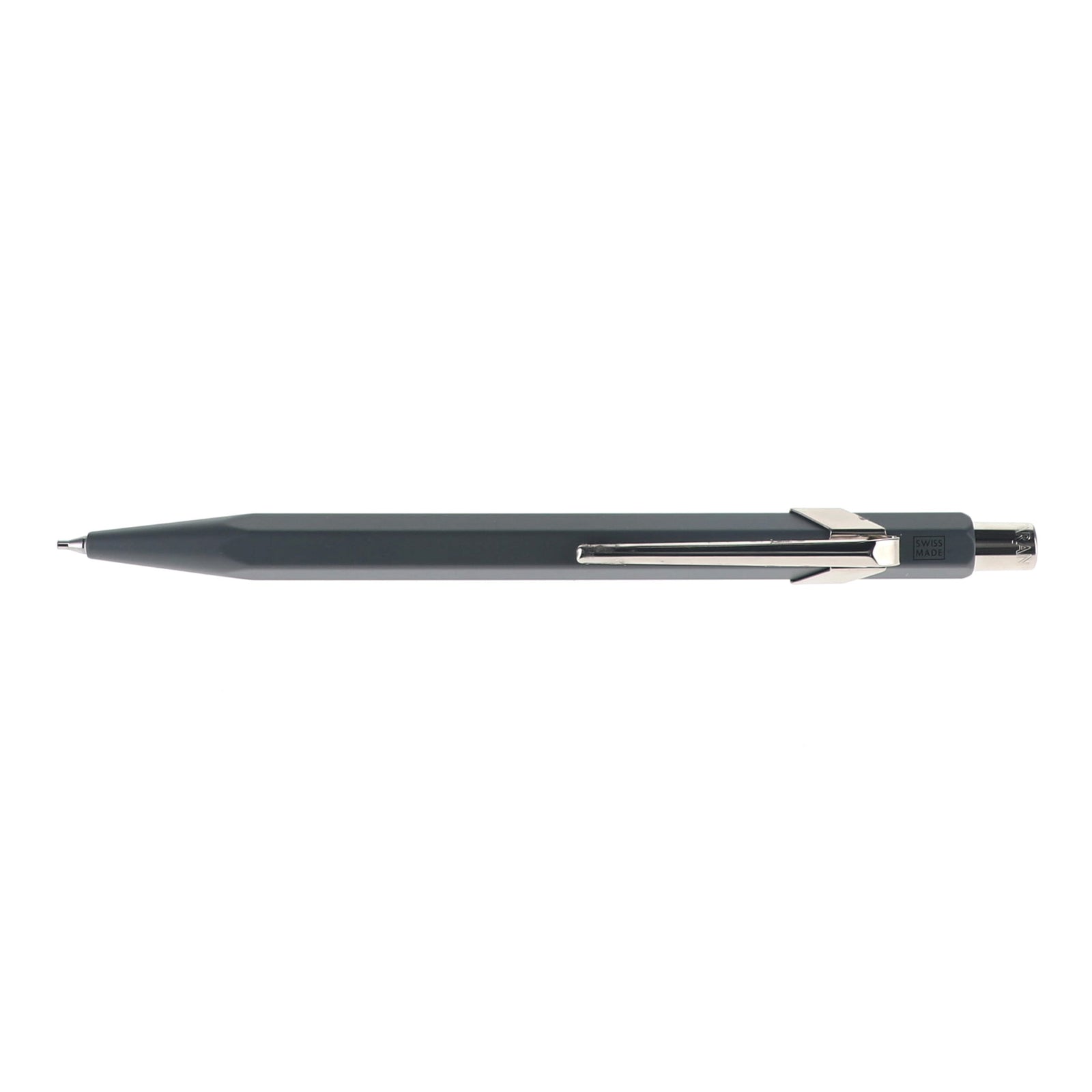 A dark gray retractable ballpoint pen with a silver metal clip and tip, shown horizontally against a plain white background.