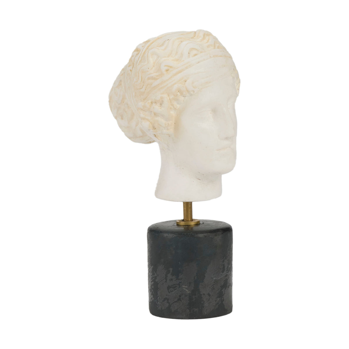 Head with a white knitted headband on a black cylindrical base against a white background