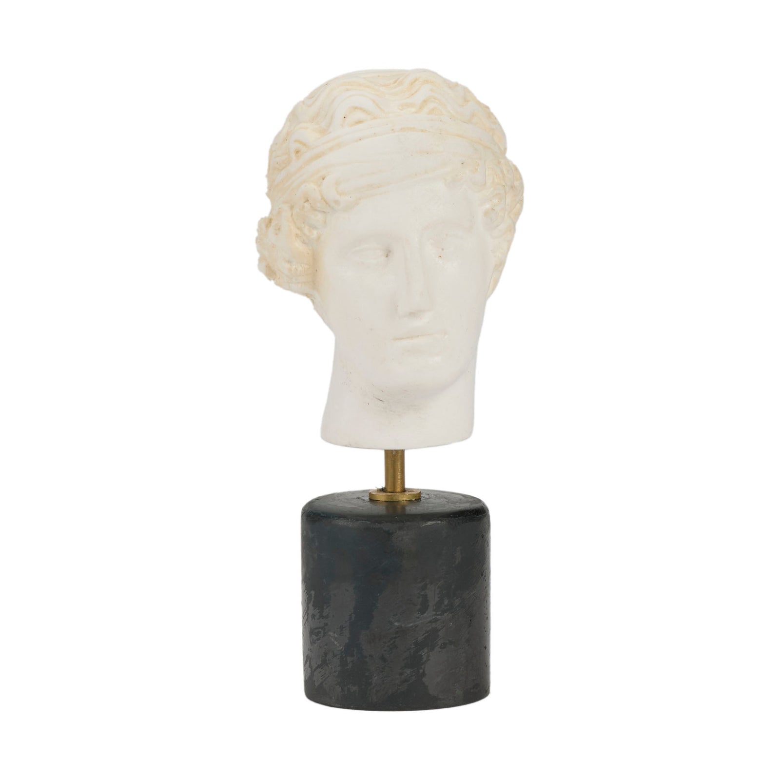 Marble bust on a black marble base with brass fitting against a white background