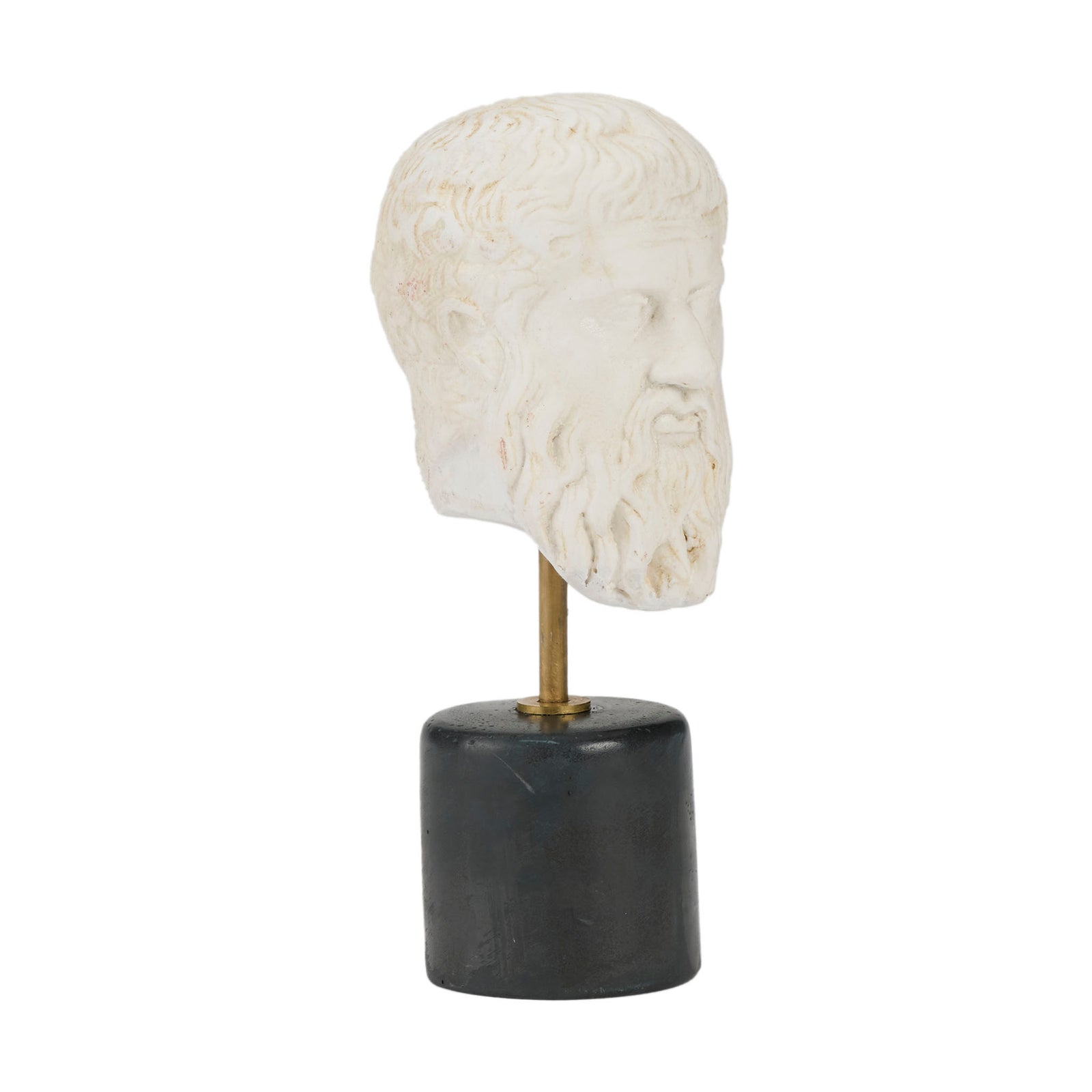 White marble head sculpture on a black cylindrical base against a white background