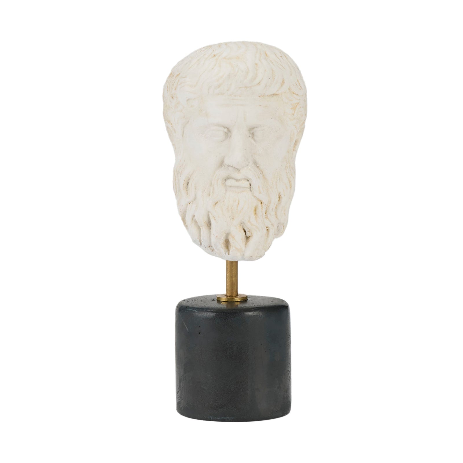 White marble head sculpture on a black cylindrical base against a white background