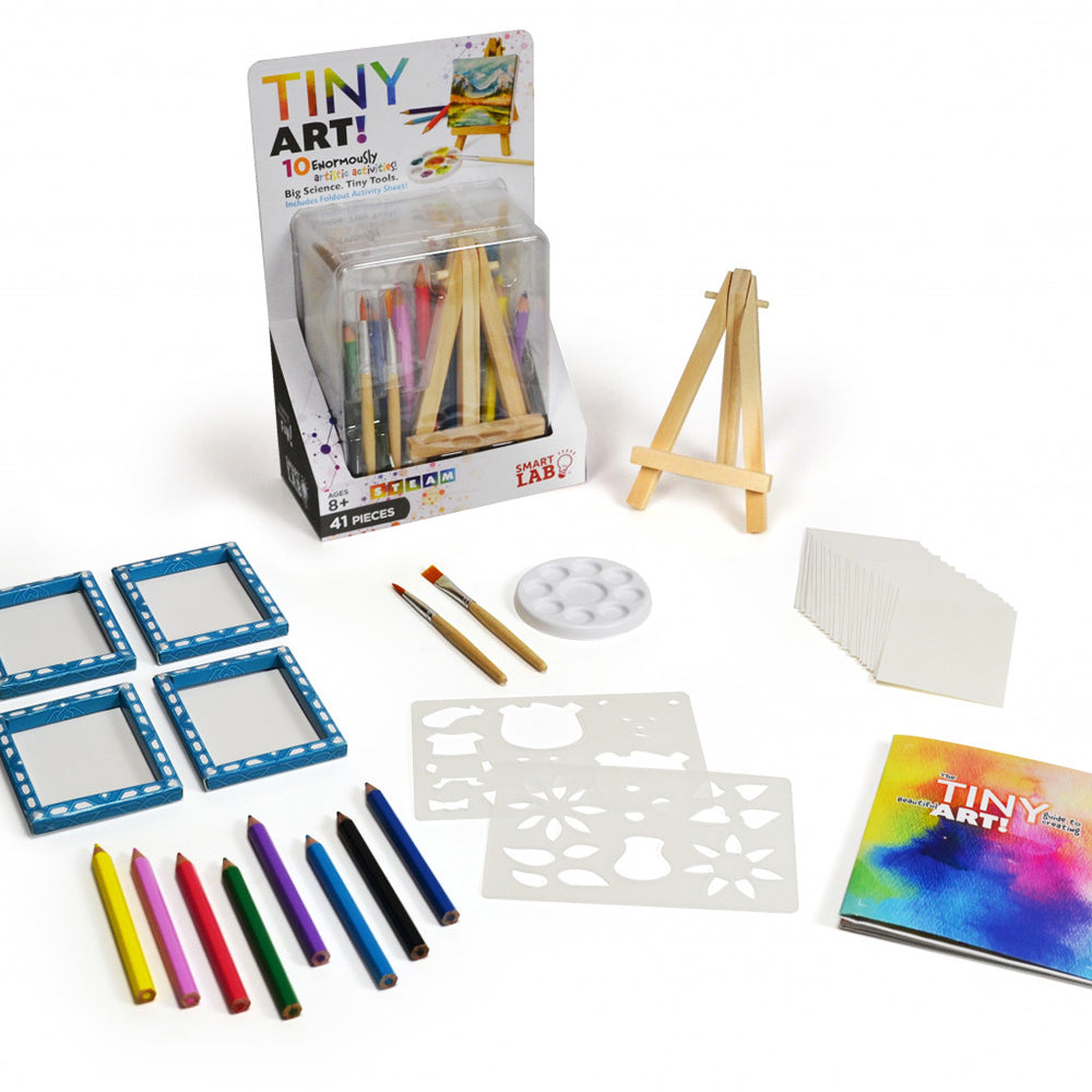 Miniature art kit including little easel, canvases, frames, stencils, colored pencils, paint brushes, a palette, and a handbook