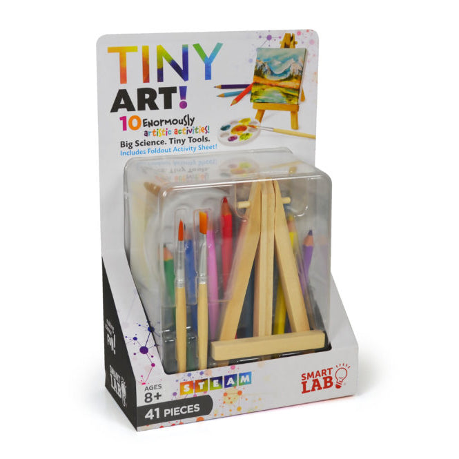 Miniature art kit including little easel, canvases, frames, stencils, colored pencils, paint brushes, a palette, and a handbook