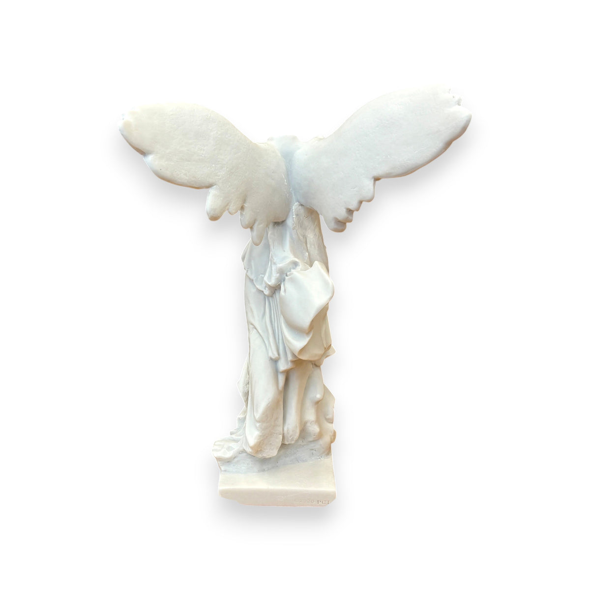 White marble angel statue with outstretched wings on a white background