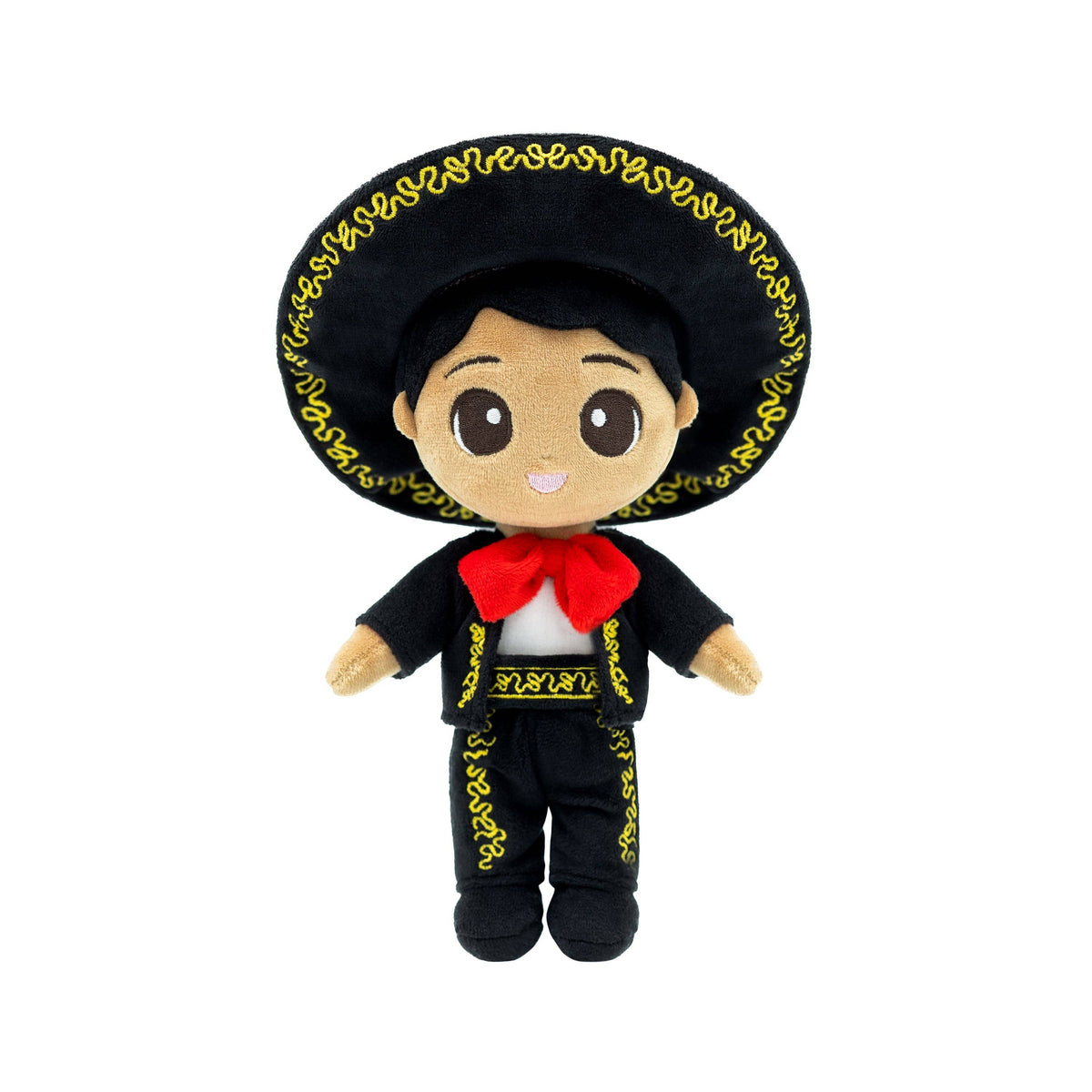 Plush toy of a character in traditional Mexican attire with a black hat on a white background