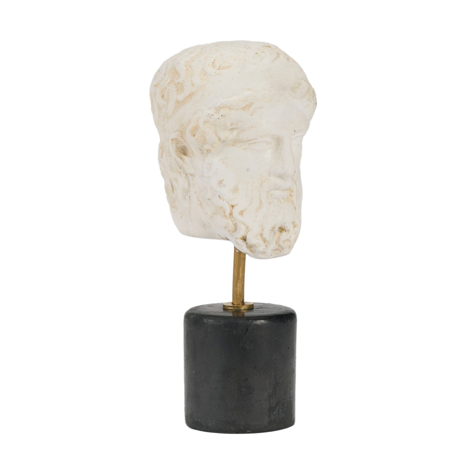 Marble bust on a black cylindrical base against a white background