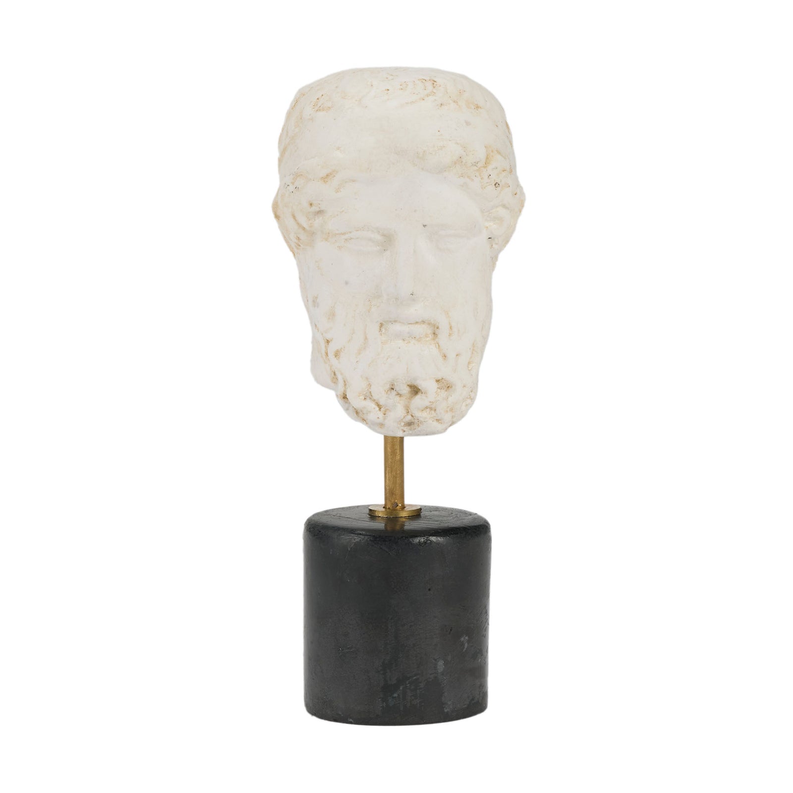 Marble bust on a black cylindrical base against a white background