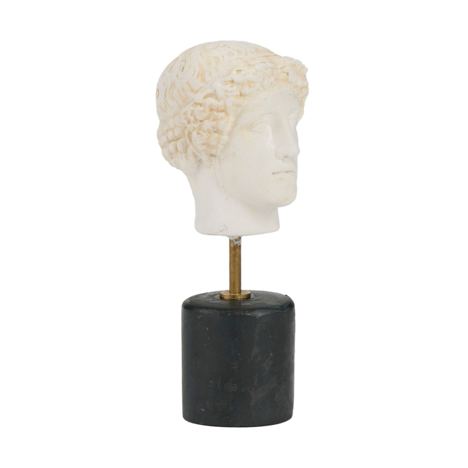 Marble bust on a black pedestal against a white background