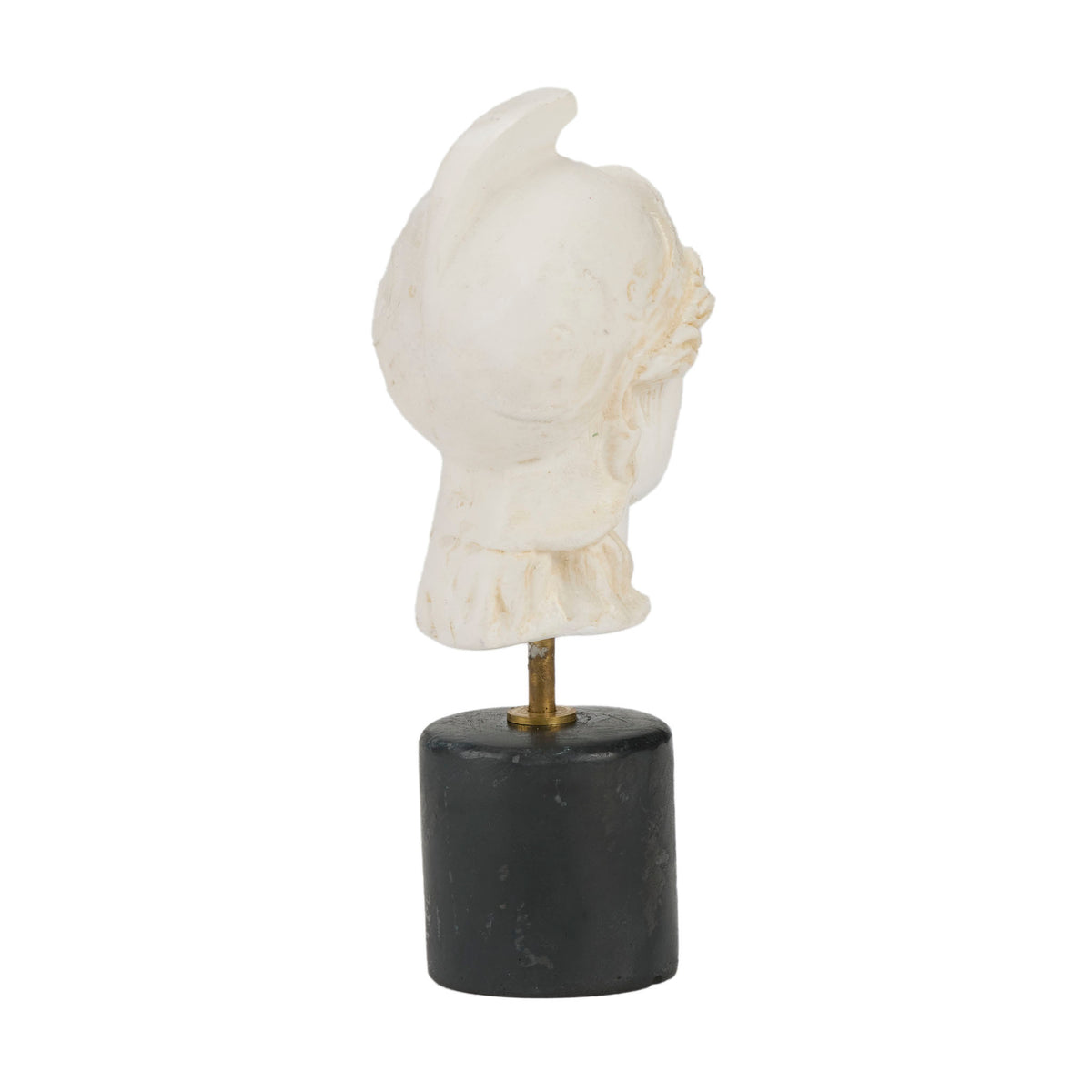 White marble bust on a black cylindrical base against a white background