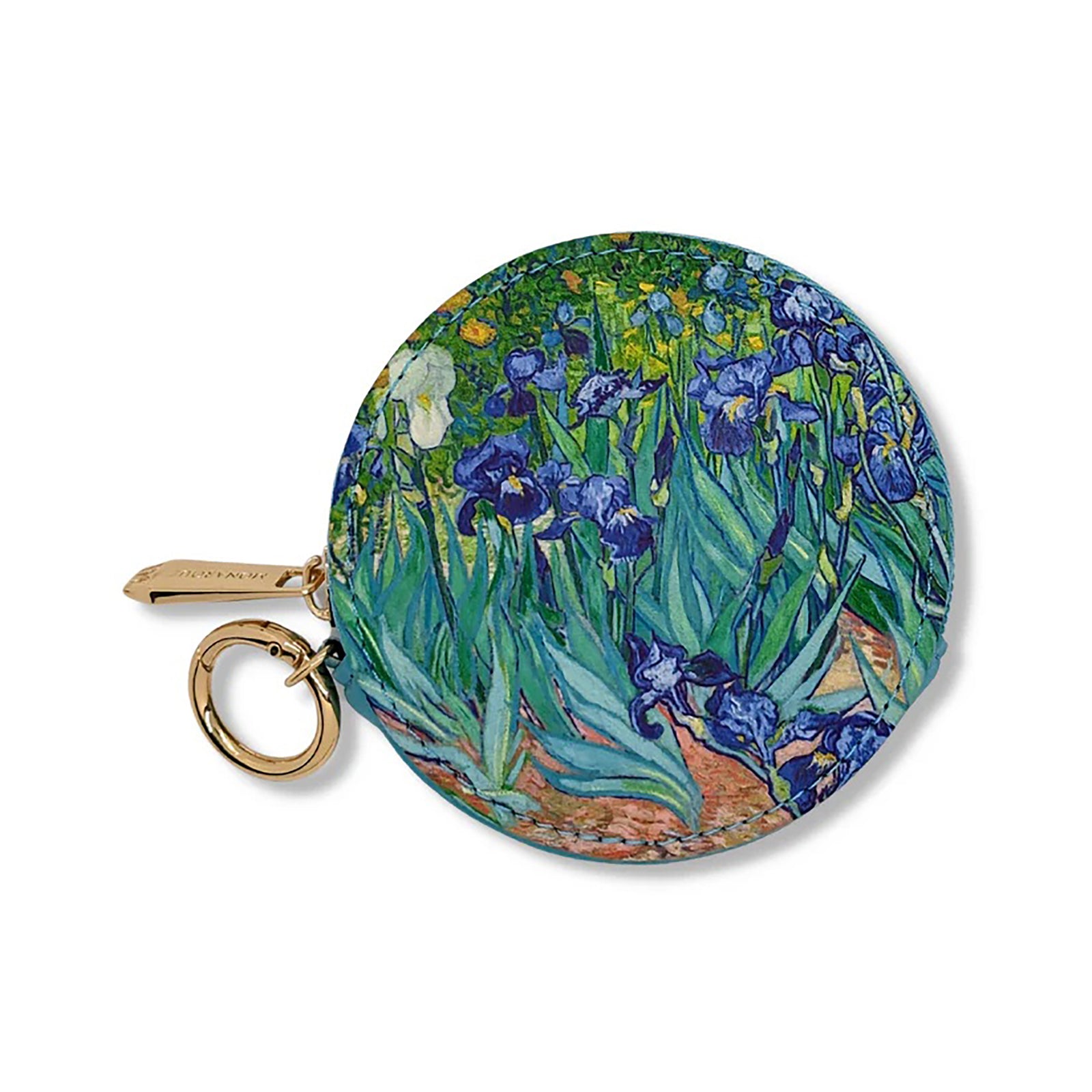 Round key case with Van Gogh 'Irises' design on a white background