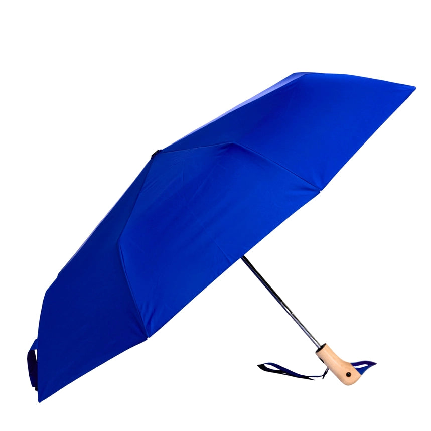 Blue umbrella with a wooden handle on a white background