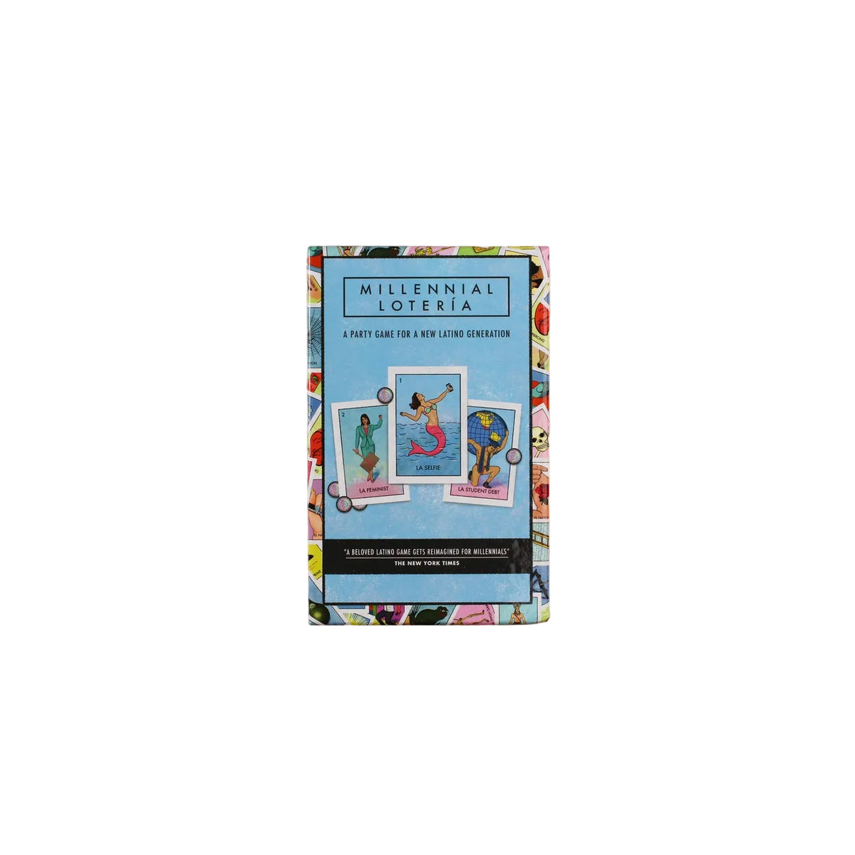 A boxed card game called 'Millennial Loteria' stands upright on a soft pink background. The front cover is light blue with tarot-style illustrations and text, and the sides show a multicolored patterned border.