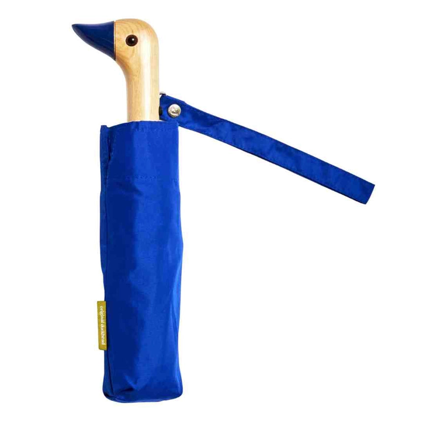 Blue umbrella with a wooden handle on a white background