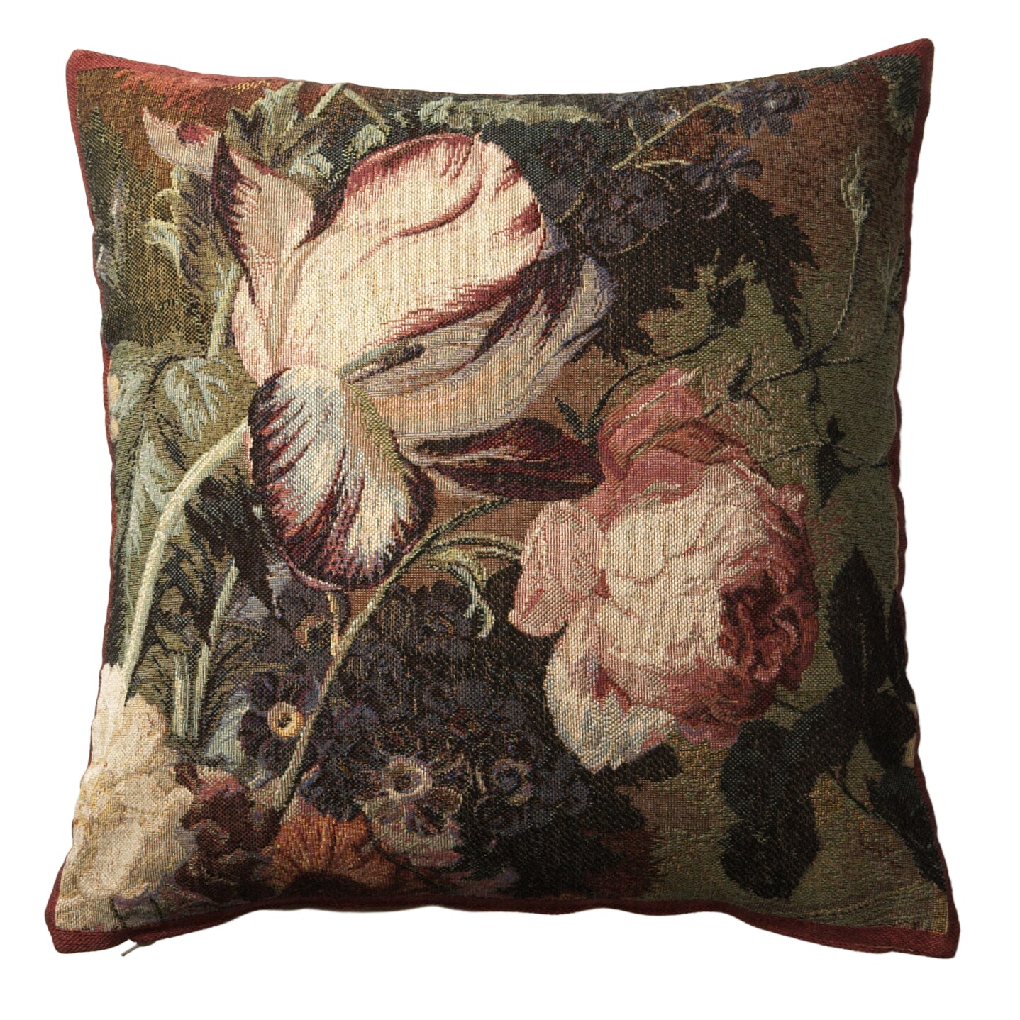 A square-shaped tapestry pillow with a floral design featuring prominent tulips and roses in a mix of dark and bright colors, with a red border.