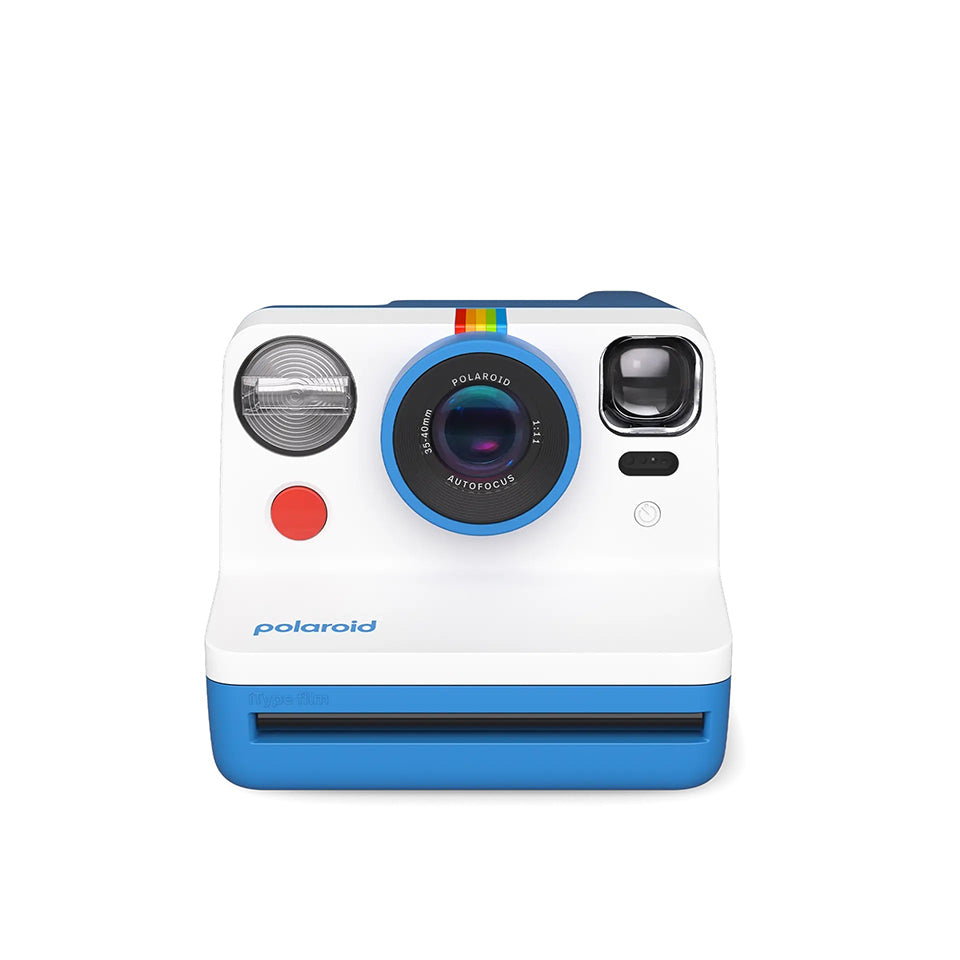 A blue and white Polaroid Now Generation 2 i Type camera.