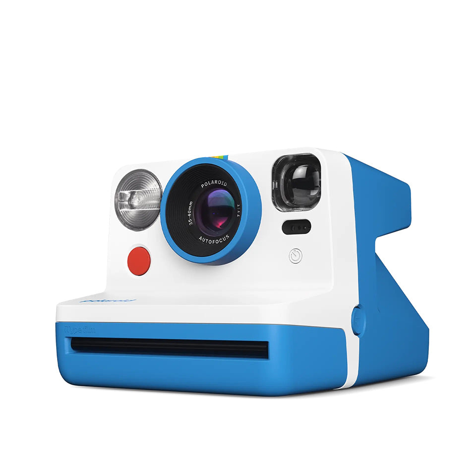 A blue and white Polaroid Now Generation 2 i Type camera.