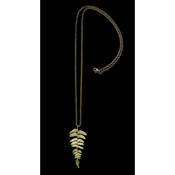 Necklace with a leaf-shaped pendant on a black background