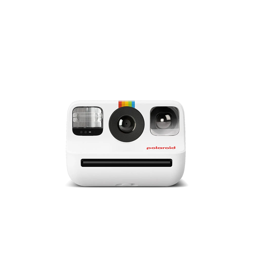 A white Polaroid Go - 2nd Generation instant camera with a built-in selfie mirror and dual lenses.