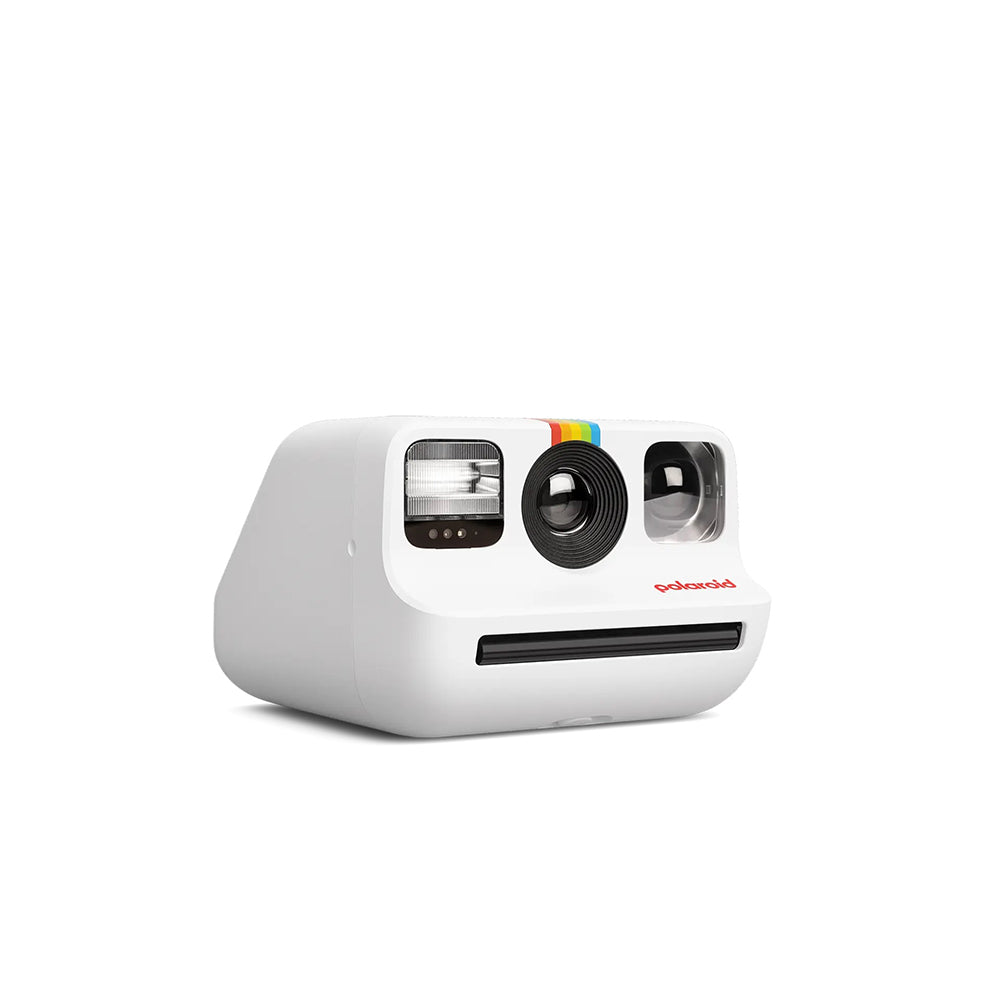 A white Polaroid Go - 2nd Generation instant camera with a built-in selfie mirror and dual lenses.